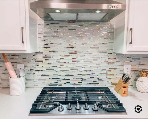 Modern Iridescent Glass Metal Mosaic Tile Backsplash For Kitchen And Bathroom White Silver Linear Wall Tiles For Shower Fireplace And Accent Wall 5 Square Feet behind stovetop