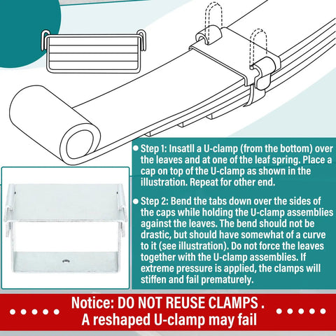 Illustration of the 4 Pack Leaf Spring Clamp Kit For Trucks And Campers Up To 2.5 Inches Wide, showing installation steps.