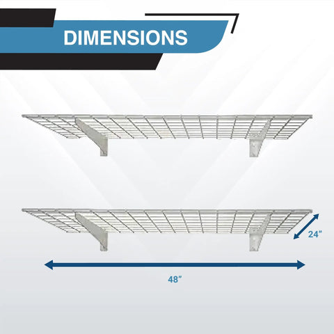 Dimensions diagram of Heavy Duty Steel Garage Wall Shelves 2-Pack, 48 Inch By 24 Inch Wall Mounted Shelves, white powder coated finish.