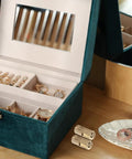 Open jewelry box with Concealed Brass Barrel Hinges 8 Pack beside it, showcasing elegant storage and hardware use.