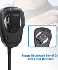 Compact Duty Shoulder Microphone rear view with detachable swivel clip, compatible with VX Series Walkie Talkies, 3.5mm jack visible