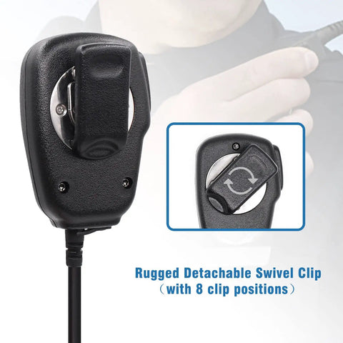 Compact Duty Shoulder Microphone rear view with detachable swivel clip, compatible with VX Series Walkie Talkies, 3.5mm jack visible