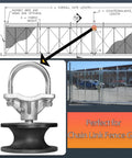 Nylon Cantilever Gate Rollers For Sliding Gates, Quiet And Smooth Wheel For Four Inch Round Posts And Two And Three Eighths Or Two And Half Inch Chain Link Fence Gate Frames, Durable Gate Roller For Chain Link Gates, One Piece diagram and gate image.