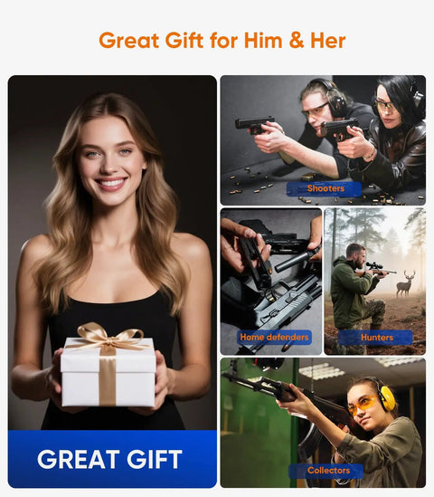 All In One Gun Cleaning Kit With CLP Oil For Rifle And Pistol Maintenance gift with images of shooters, home defenders, and more