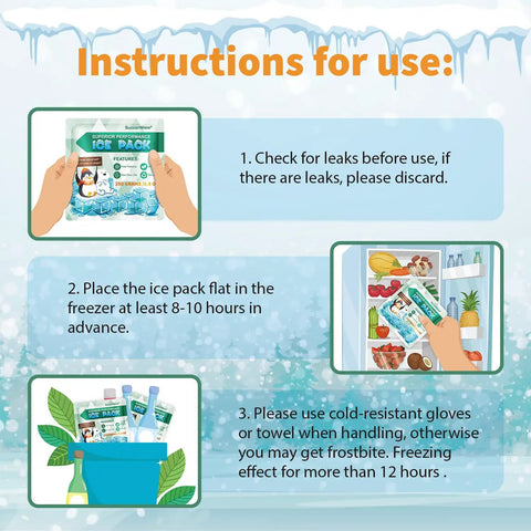 Five Pack Reusable Ice Packs For Lunch Boxes And Coolers, 12 Plus Hour Cooling Gel Packs instructions illustration with usage steps