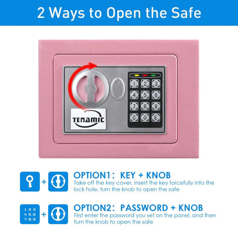 Front view of Electronic Digital Safe Box 0.23 Cubic Feet With Keypad Lock, pink alloy steel, showing two ways to open the safe.