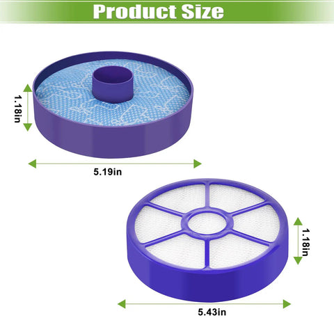 Dimensions of 2 Pack Pre Motor Filter And Post Motor Exhaust HEPA Filter Set For Dyson DC33. Diameter 5.19in and 5.43in.