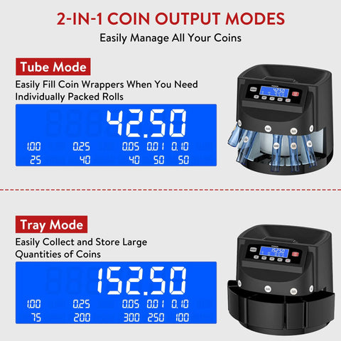 Coin Counter Machine Sorter For Change With Wrapper Roller, Auto Sorts And Batches Up To 300 Coins Per Minute, 5-Coin Sorting, LCD