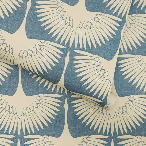 Denim Blue Feather Flock Peel And Stick Wallpaper Removable Self Adhesive For Walls And DIY Decor No Glue Needed Mess Free Application Made In USA 20.5 X 16.5 Ft. pattern showing elegant bird design.
