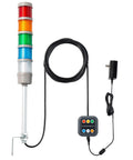 Five Stack LED Andon Tower Lights With Buzzer Red Yellow Green Blue White On Off Flash Modes Control Box Mean Well Industrial Power Adapter Six Foot And Sixteen Foot Extension Cords Plug And Play For Shop Floor Use