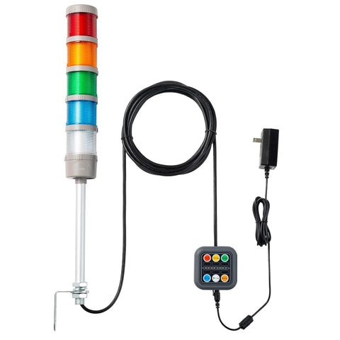 Five Stack LED Andon Tower Lights With Buzzer Red Yellow Green Blue White On Off Flash Modes Control Box Mean Well Industrial Power Adapter Six Foot And Sixteen Foot Extension Cords Plug And Play For Shop Floor Use