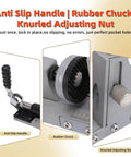 Close-up of Pocket Hole Jig Kit For Woodworking Projects One Sided Fifteen Degree Locator With Hardened Steel Bushing And Three Eighths Inch Drill Bit For Cabinet Assembly Garage Grade Furniture Repair DIY Shelves showing rubber chuck and adjusting nut