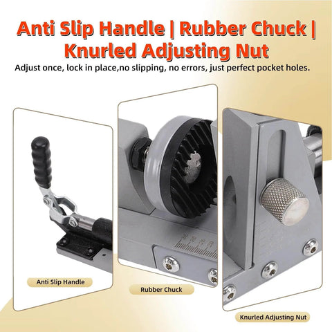 Close-up of Pocket Hole Jig Kit For Woodworking Projects One Sided Fifteen Degree Locator With Hardened Steel Bushing And Three Eighths Inch Drill Bit For Cabinet Assembly Garage Grade Furniture Repair DIY Shelves showing rubber chuck and adjusting nut