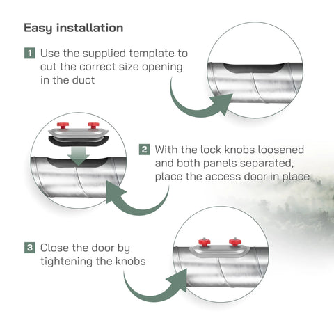 Vent Systems 4-inch round duct access door with rubber gasket for galvanized steel duct; step-by-step installation guide showing cut opening and tightening knobs.