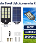 800W LED Solar Street Light Outdoor With Motion Sensor, Remote, Dusk To Dawn, IP66 Waterproof, Lit 64000LM