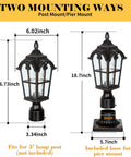 Dimensions and mounting options for Hardwired 120V Dusk To Dawn Outdoor Post Light Black Roman Aluminum Pole Lamp with Pier Mount Base.