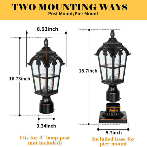 Dimensions and mounting options for Hardwired 120V Dusk To Dawn Outdoor Post Light Black Roman Aluminum Pole Lamp with Pier Mount Base.