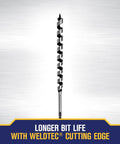 WeldTec Ship Auger Bit 1 Inch Diameter By 17 Inch Length With Wide Flutes And 7 Sixteenth Inch Quick Change Impact Shank