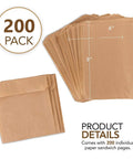 Brown Paper Sandwich Bags 200 Pack With 8 By 6 By 1 Gusset Sized For Bakery Treats Cookies Snacks And Sandwiches Compostable Food Grade Unbleached Paper Pouches Ideal For Eco Friendly Takeout And Home Use Grab And Go, showing bag dimensions and quantity