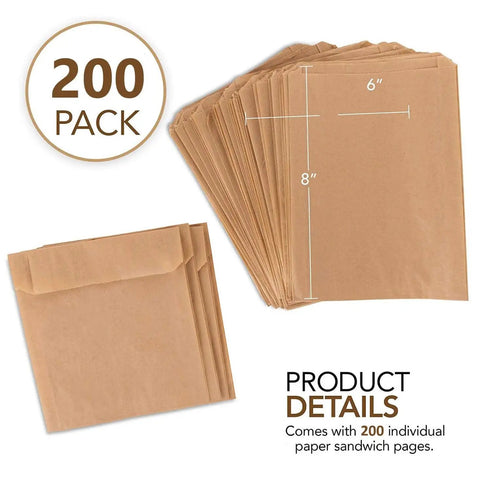 Brown Paper Sandwich Bags 200 Pack With 8 By 6 By 1 Gusset Sized For Bakery Treats Cookies Snacks And Sandwiches Compostable Food Grade Unbleached Paper Pouches Ideal For Eco Friendly Takeout And Home Use Grab And Go, showing bag dimensions and quantity
