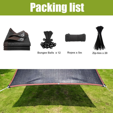 Packing list for Heavy Duty Garden Shade Cloth With Grommets For Patio And Pergola 90 Percent UV Block, includes bungee balls and ropes.