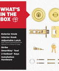 Kit contents for Entry Door Knob With Lock And Key, Polished Brass, SmartKey Rekey including knobs, latch, keys, and screws.
