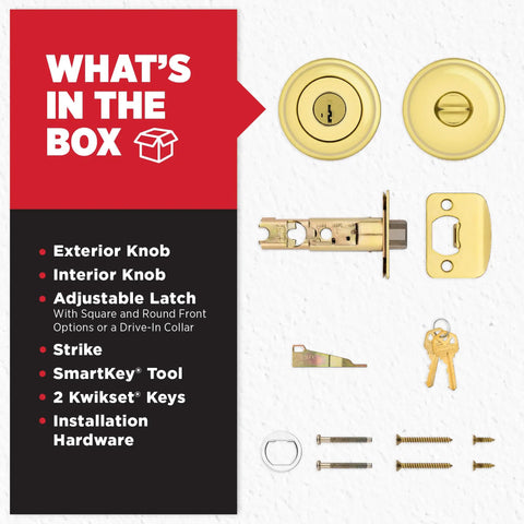 Kit contents for Entry Door Knob With Lock And Key, Polished Brass, SmartKey Rekey including knobs, latch, keys, and screws.