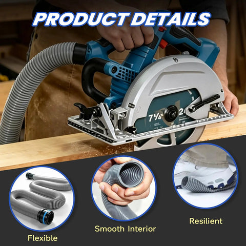 Expandable Vacuum Hose Kit Pro Grade For Home And Shop Dust Collection connected to power tool, showcasing flexibility and design