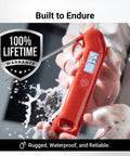 NIST Certified Digital Meat Thermometer With 0.5 F Accuracy for Instant Read, held and showing water resistance, red color