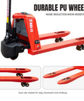 Heavy Duty Electric Pallet Jack Truck With Lithium Battery And 48 Inch Forks Lift Up To 3300 Lbs For Warehouses and Industrial Jobs, showcasing durable PU wheels.