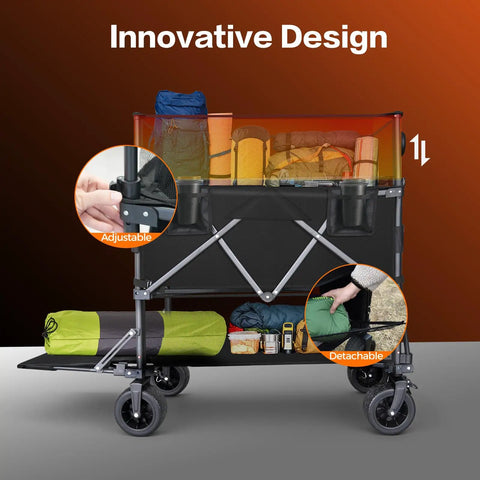 Heavy Duty Double Decker Collapsible Wagon With Retractable Mesh And Tailgate 600L Capacity So You Can Haul More Gear On Wheels