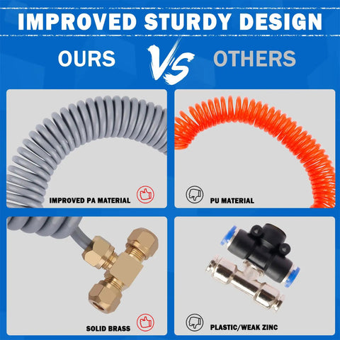 Comparison of Heavy Duty Truck Air Blow Gun Kit with nylon coil hose and brass fittings against competitors with PU material.