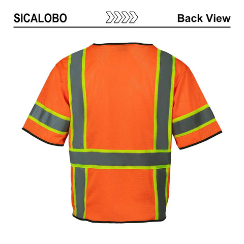 Back view of Kickass Mens High Visibility Mesh Safety Vest With Ten Functional Pockets And Zipper Front Ansi Class Three Reflective Work Gear.