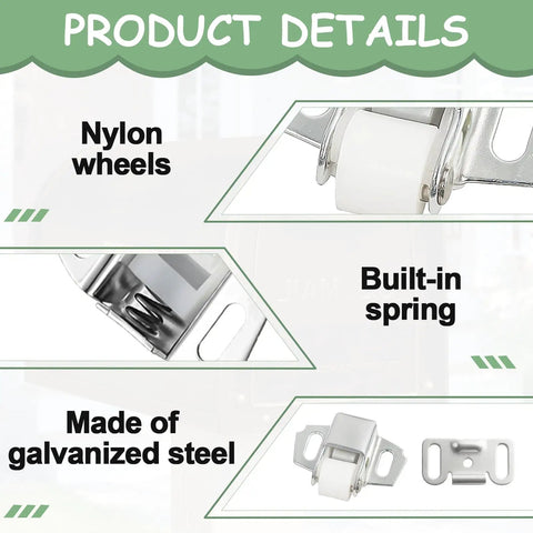 Spring Loaded Roller Latch Replacement Kit for Cabinets and Mailbox Doors, nylon wheels, built-in spring, galvanized steel.