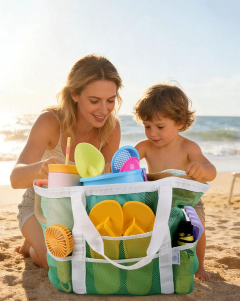 Family using 40L Mesh Beach Tote Bag With Sandproof Quick Dry Mesh And Waterproof Pocket Foldable For Family Getaways And Pool Days