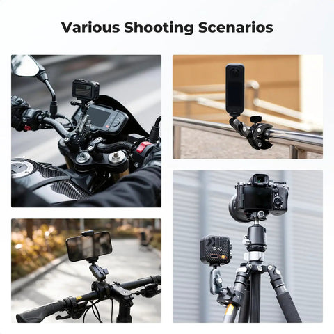 Super Clamp Camera Mount With 360 Degree Dual Ball Head For Bike And Motorcycle Handlebars in various shooting scenarios