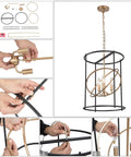 Assembly and components of Dope Black And Gold Three Light Drum Pendant Chandelier With Height Adjustable Rods, 14x18" size.