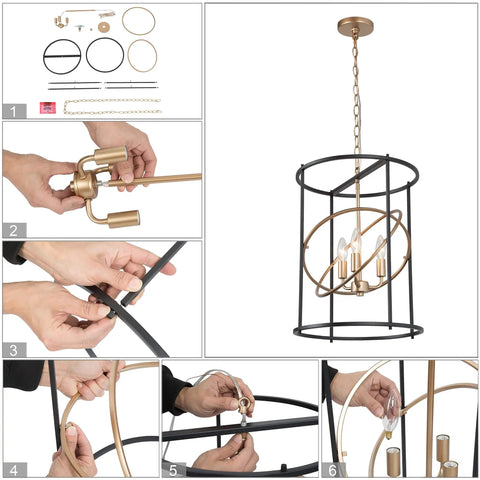 Assembly and components of Dope Black And Gold Three Light Drum Pendant Chandelier With Height Adjustable Rods, 14x18" size.