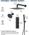 Detailed dimensions of GRANDJOY Dual Rainfall Shower System, 3-Function, Matte Black, showcasing shower heads and controls.