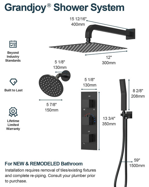 Detailed dimensions of GRANDJOY Dual Rainfall Shower System, 3-Function, Matte Black, showcasing shower heads and controls.