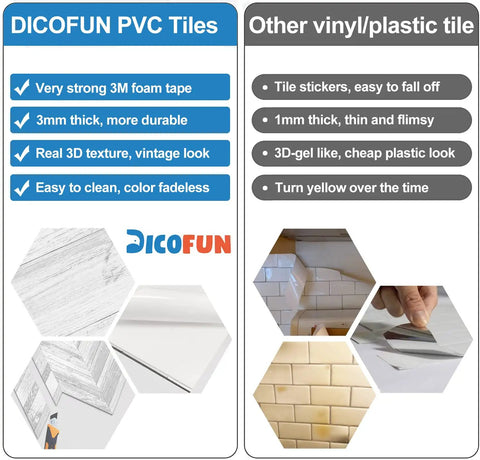 Comparison of DICOFUN PVC tiles with other vinyl/plastic tiles, highlighting features like strong foam tape and 3mm thickness.