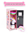 Pink Miniature Metal Locker With Secure Diary Lock And Two Keys For Hella Cute Desk Setup Soft Padded Base Back To School Gift Storage Cabinet With Magnetic Stickers with unicorn and rainbow accessories.