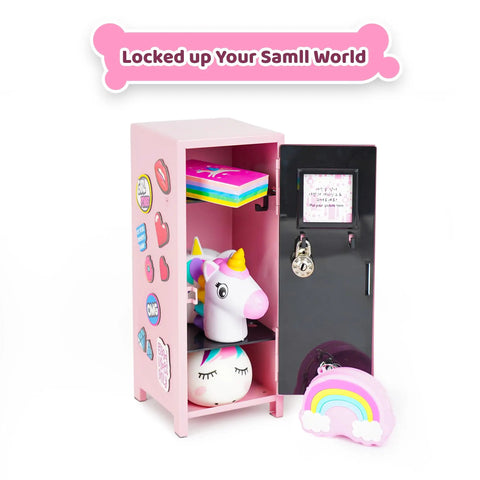 Pink Miniature Metal Locker With Secure Diary Lock And Two Keys For Hella Cute Desk Setup Soft Padded Base Back To School Gift Storage Cabinet With Magnetic Stickers with unicorn and rainbow accessories.