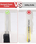 Comparison of Romech Hot Knife Foam Cutter and utility knife cutting EPS foam, showing clean edges vs messy finish.