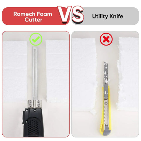 Comparison of Romech Hot Knife Foam Cutter and utility knife cutting EPS foam, showing clean edges vs messy finish.