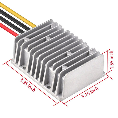 DC-DC Boost Converter 12V To 24V Up To 25A 600W Step Up Regulator Module with heat fins and wires, dimensions labeled.