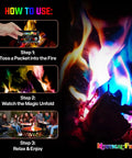Instructions on using Color Changing Fire Packets For Campfires And Fire Pits, 50 Count, Pulsating Blues Greens Purples Reds