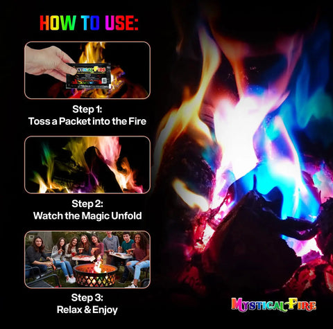 Instructions on using Color Changing Fire Packets For Campfires And Fire Pits, 50 Count, Pulsating Blues Greens Purples Reds