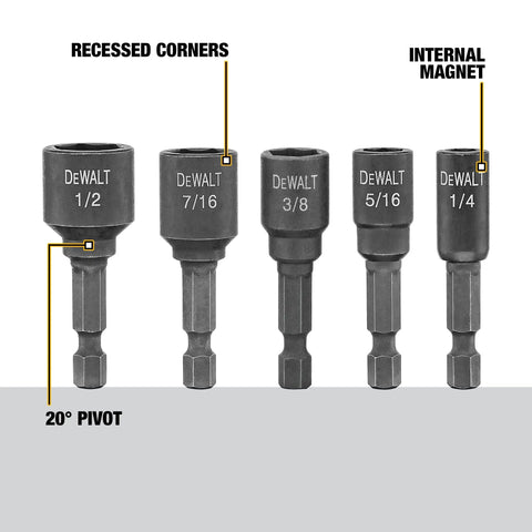 Impact Ready Nut Driver Set Magnetic 5 Piece With Recessed Corners Reduces Shavings Features Internal Magnet and 20° Pivot
