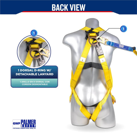 Back view of Heavy Duty Fall Protection Harness Kit With Detachable Six Foot Lanyard Internal Shock Absorber Snap Hook OSHA ANSI 2 Pack